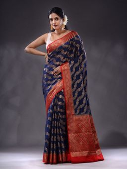 CHARUKRITI - Navy Blue Georgette Handwoven Saree With Unstitched Blouse